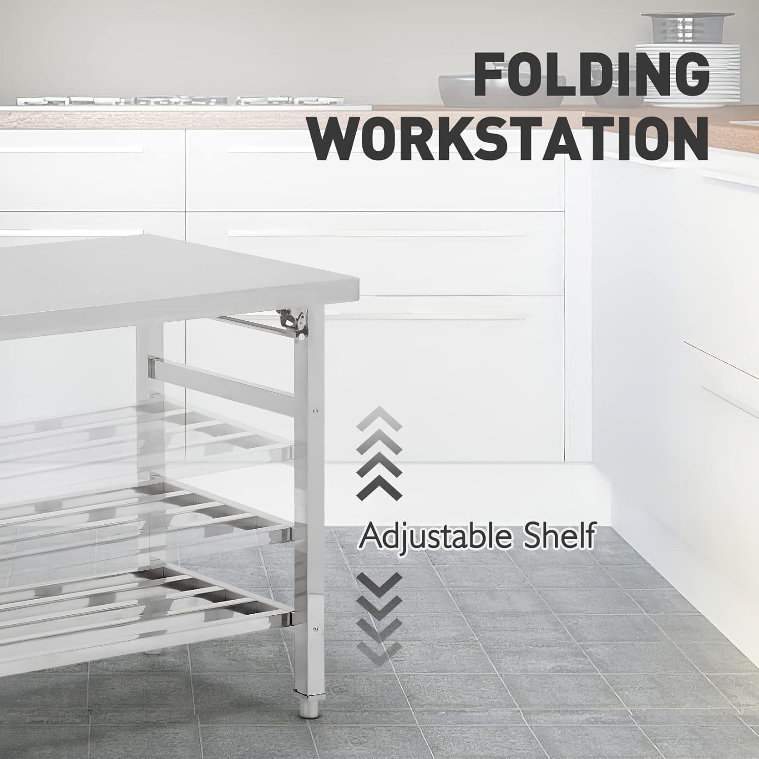 Folding Stainless Steel Work Table ,Heavy Duty Prep Table for Kitchen Restaurant