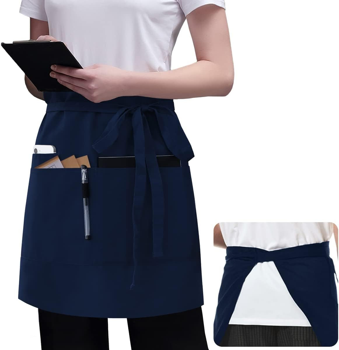 Server Apron Navy Blue with 3 Pockets 20 Inch Long Waiter Waitress Bistro Half
