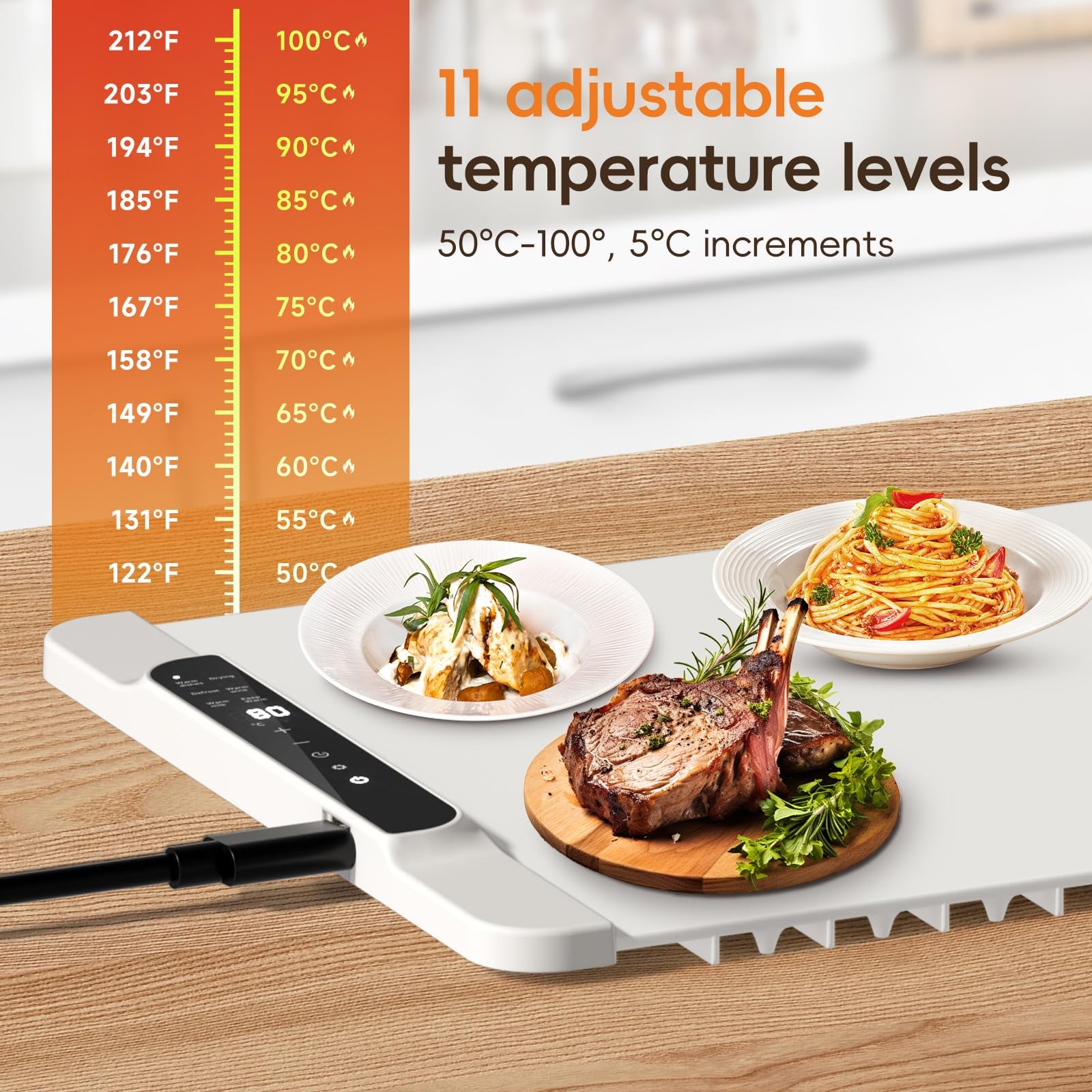Electric Silicone Food Warming Mat Tray 11Temp Control Timer 26 x 15 Inch