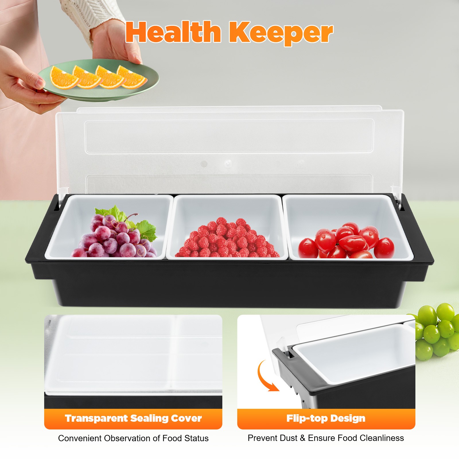 3/5 Compartments Condiment Dispenser Chilled Server Caddy Food FruitSalad Tray