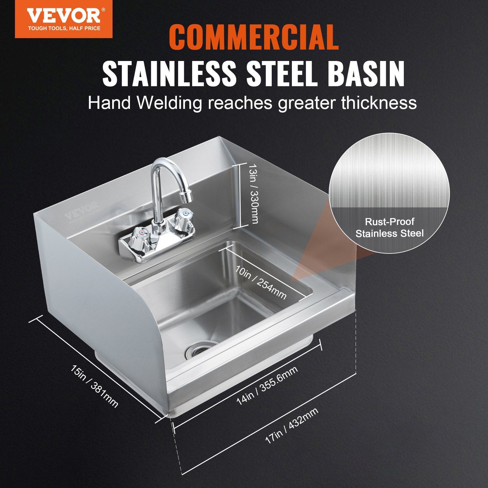 17×12.8in Stainless Steel Hand Wash Sink Wall Mount with Splashguard Complete