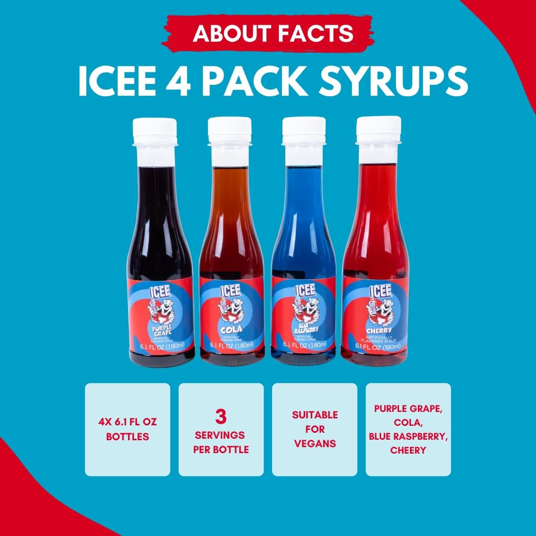 ICEE 4 Pack Slushie Syrup. Genuine ICEE Shaved Ice Snow Cone Syrups Including Pu