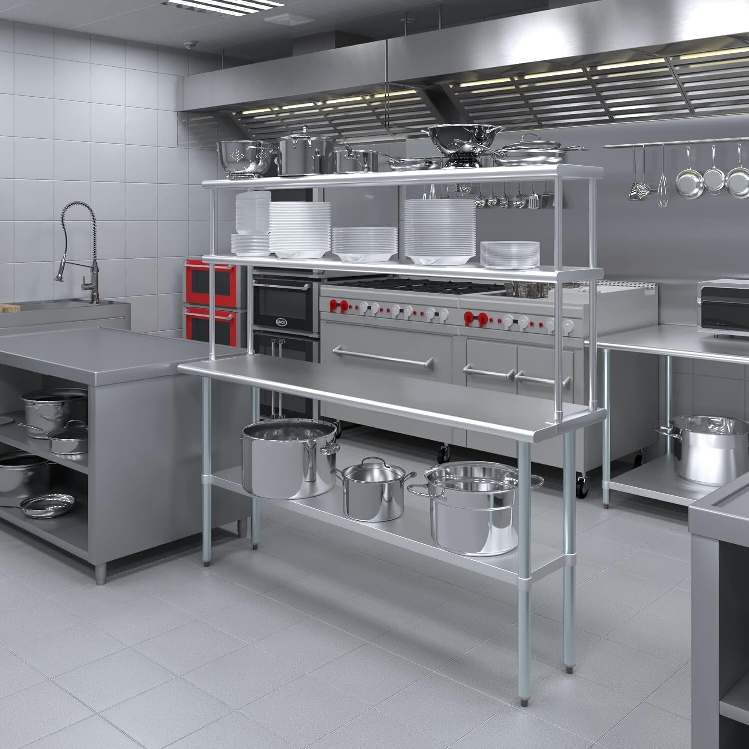 Stainless Steel Prep Table w/ Double Overshelf – Commercial Kitchen Workstation