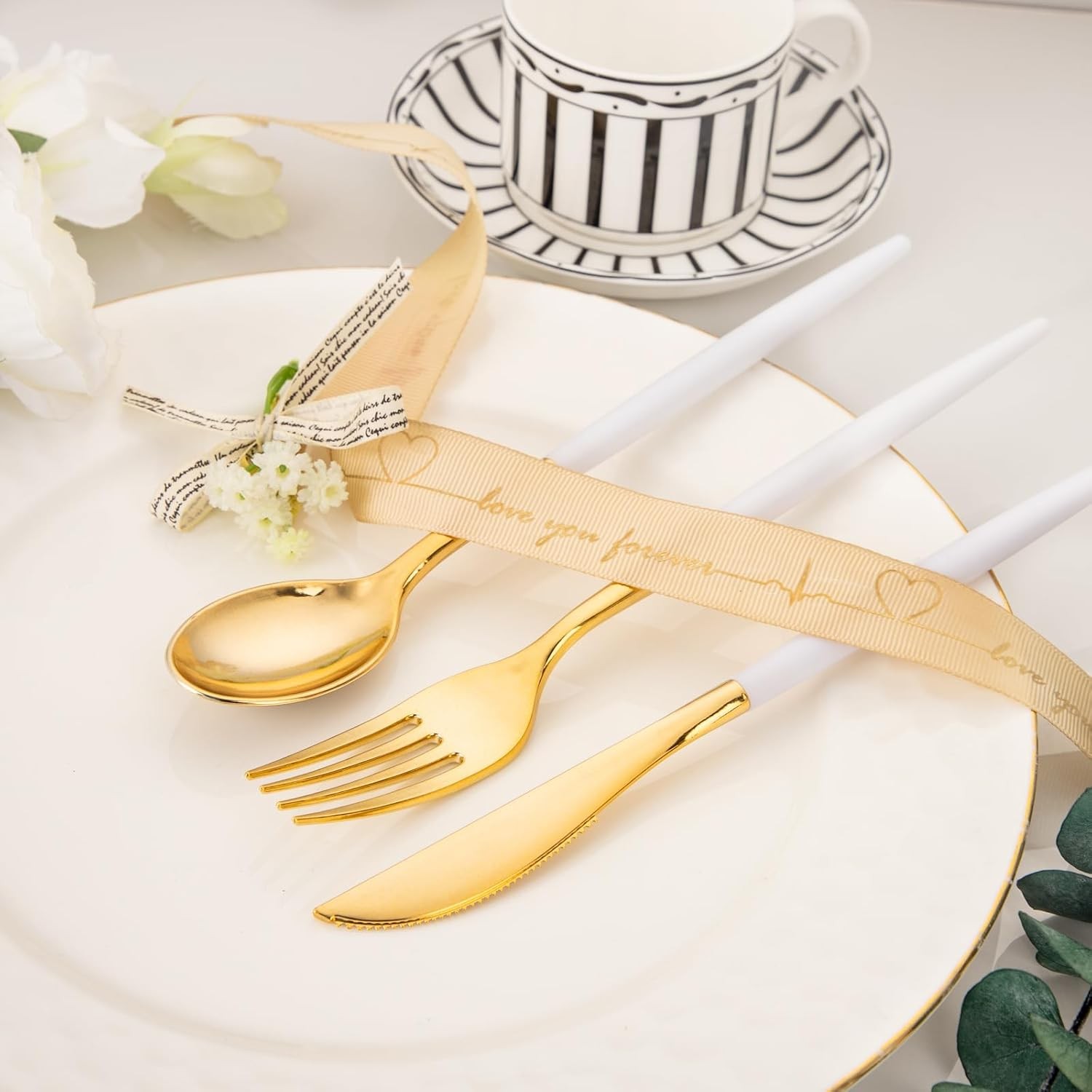 144Pcs Gold Plastic Silverware, Gold Plastic Utensils Set,Disposable Utensils