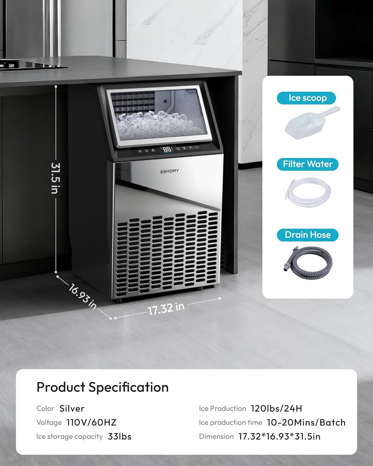 High-Volume Stainless Steel Ice Maker – 120Lbs/24H, 33Lbs Storage