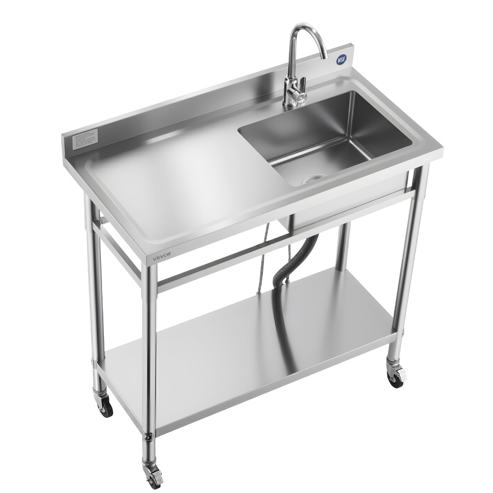 VEVOR Stainless Steel Utility Sink with Wheels Single Bowl 39.4 x 19.7 x 41.5 in