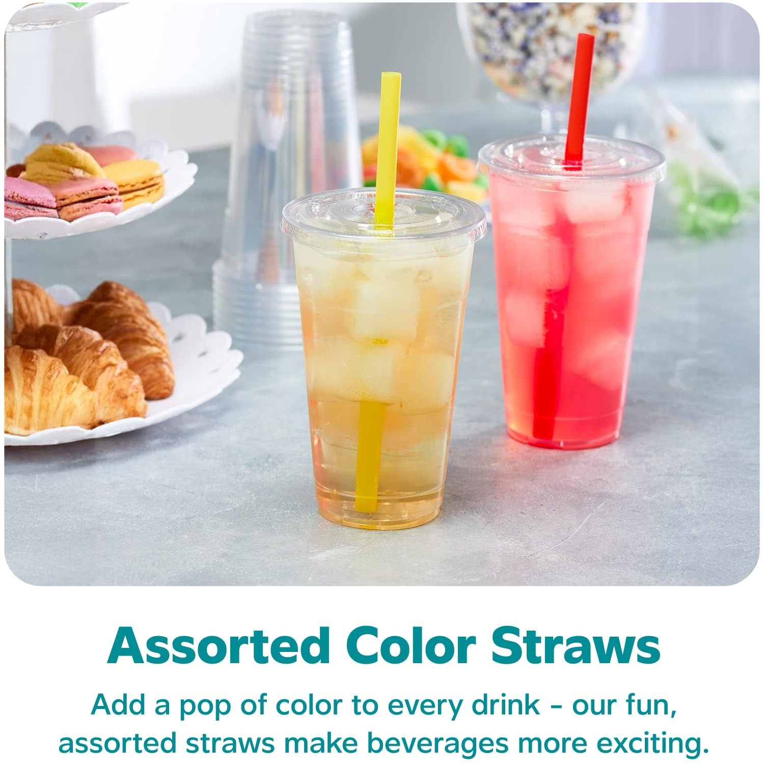 [24 oz. – 100 Count Clear Cups with Flat Lids & Straws – Disposable Clear Dri…