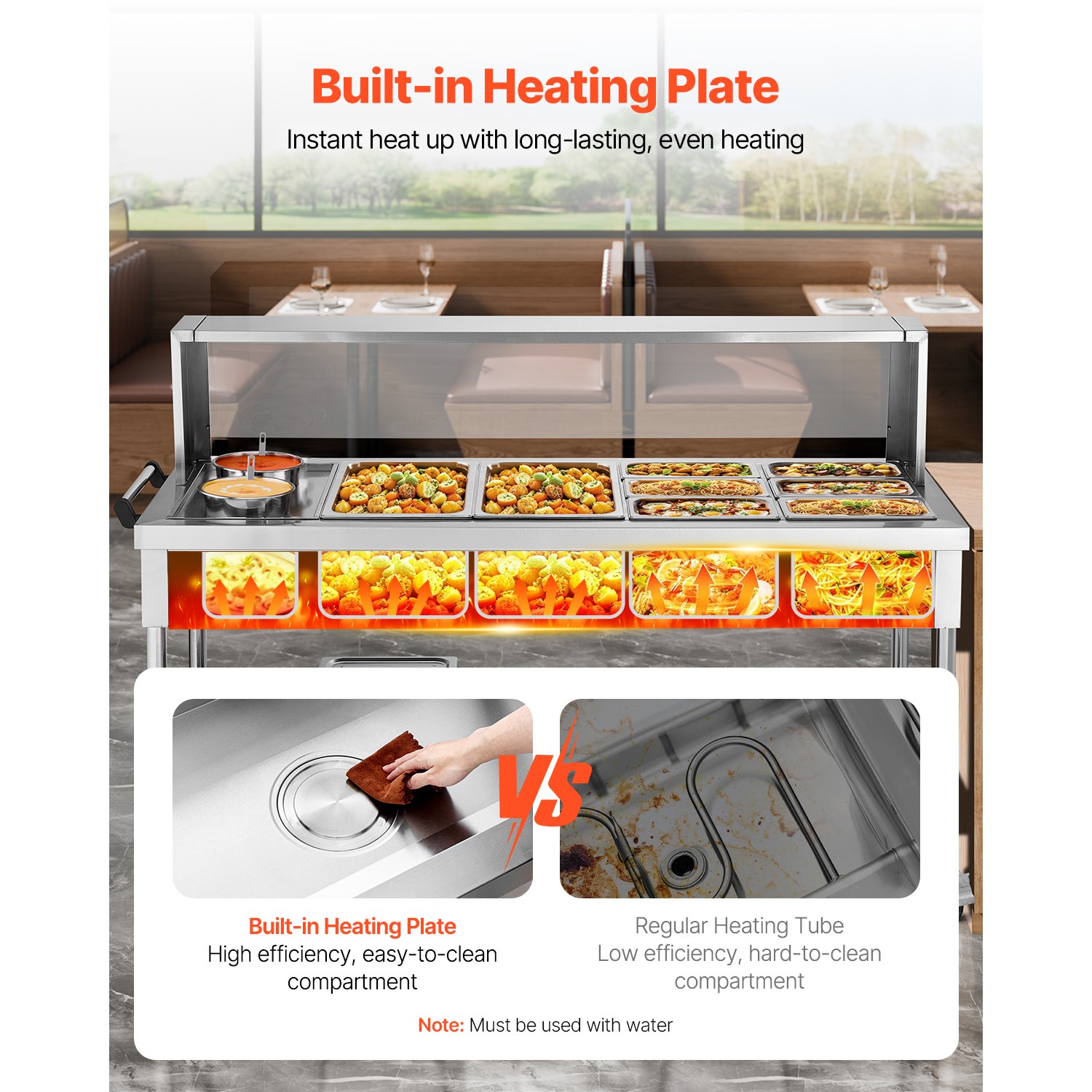 Uimoso Commercial Steam Table with 8 Pans, 2 Pots, Undershelf, and Shield