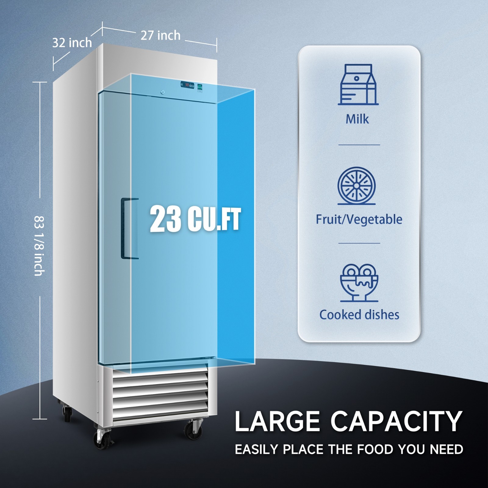 27″ Commercial Refrigerator 23Cu.ft 1 Solid Door Reach-In Upright Fridge Storage