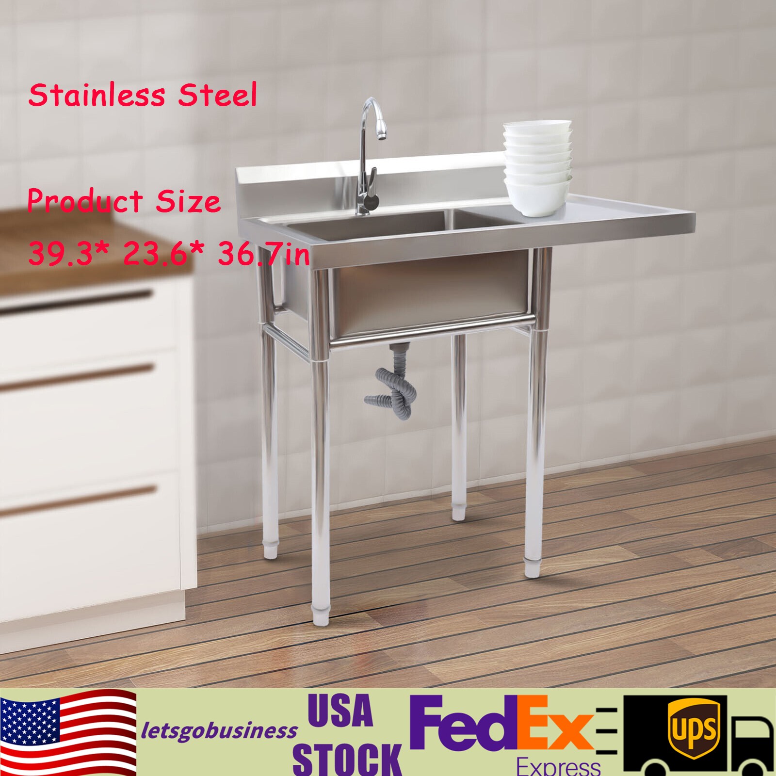 Stainless Steel Utility Sink with Drainboard and 360° Rotating Faucet