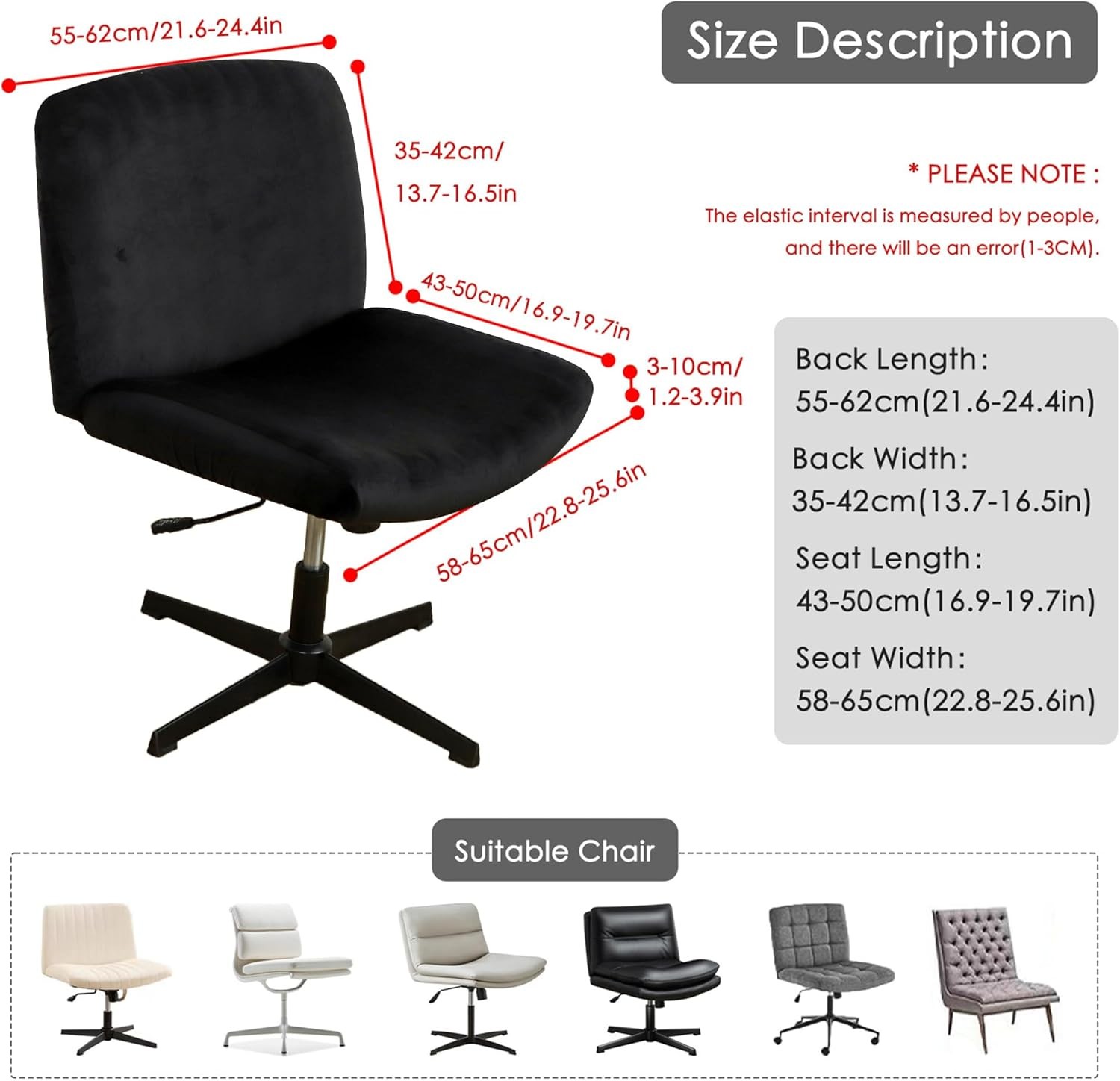Black Criss Cross Office Desk Chair Cover Velvet Stretch Wide Armless Vanity