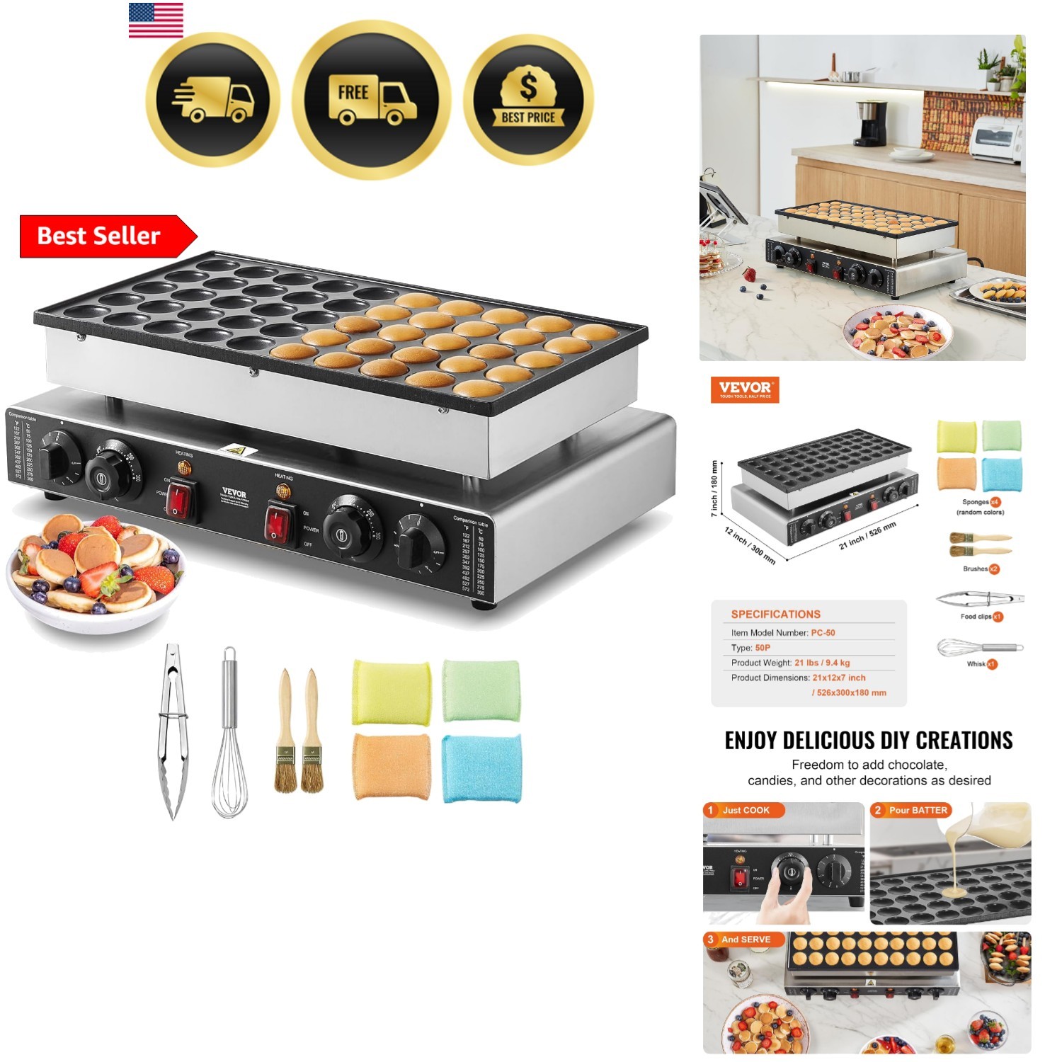 50PCS 1700W Commercial Electric Nonstick Waffle Maker Machine, 1.8 Inches Pan…