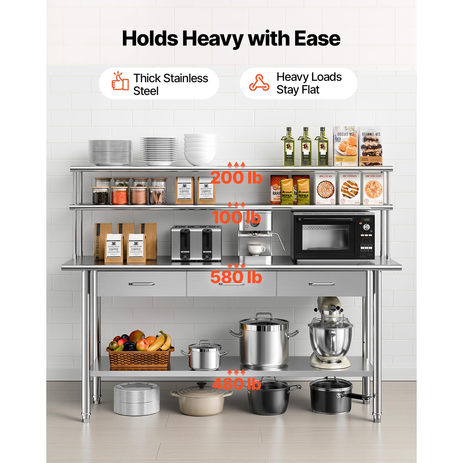 Uimoso Commercial Stainless Steel Kitchen Prep Table with Overshelves, 24x72Inch