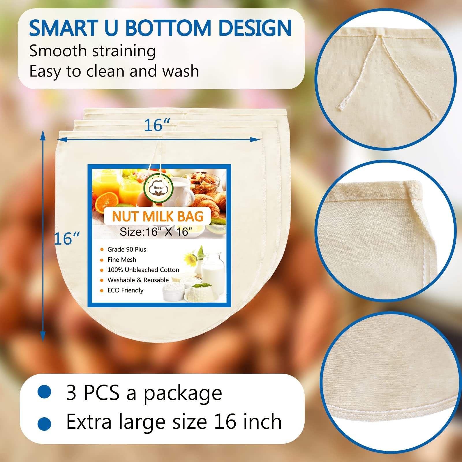 Huppar 3 Pack 16X16 Nut Milk Bag For Straining 100 Unbleached Cotton Cloth