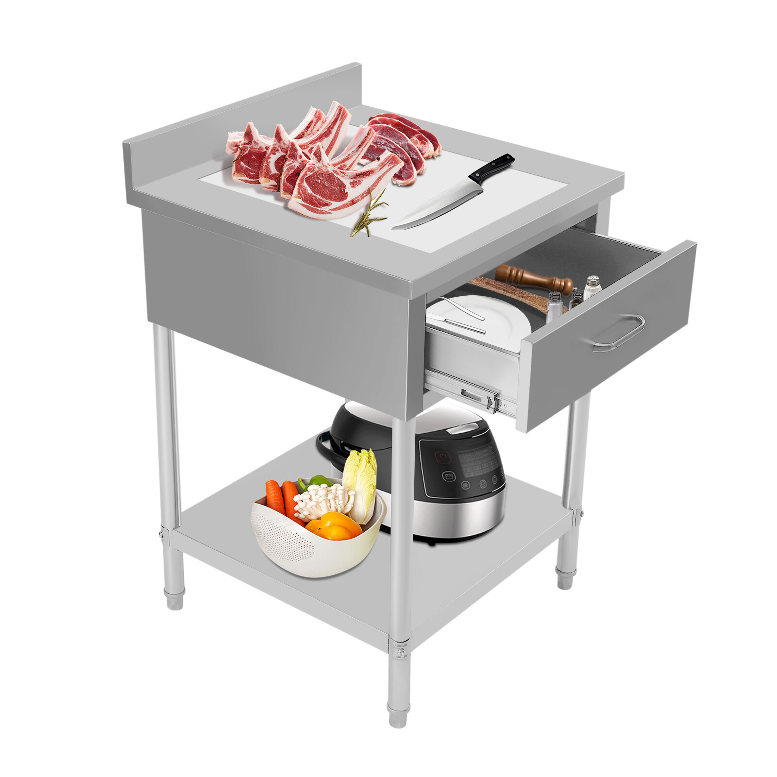 2 Layers Stainless Steel 24″x24″ Kitchen Work Table Food Prep Table With Drawer