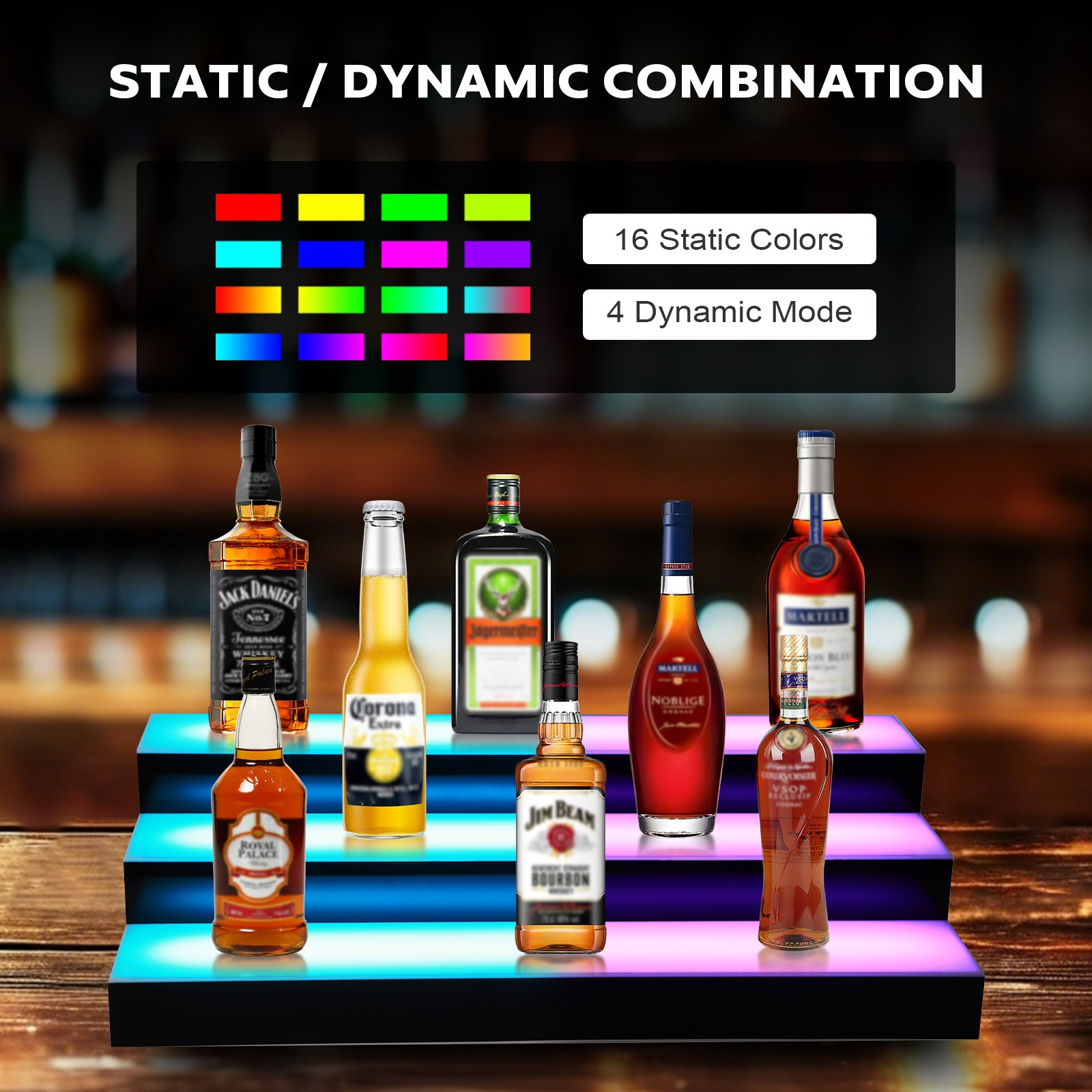 3 Tiers 40 Inch LED Lighted Liquor Bottle Display, Adjustable Brightness & Color