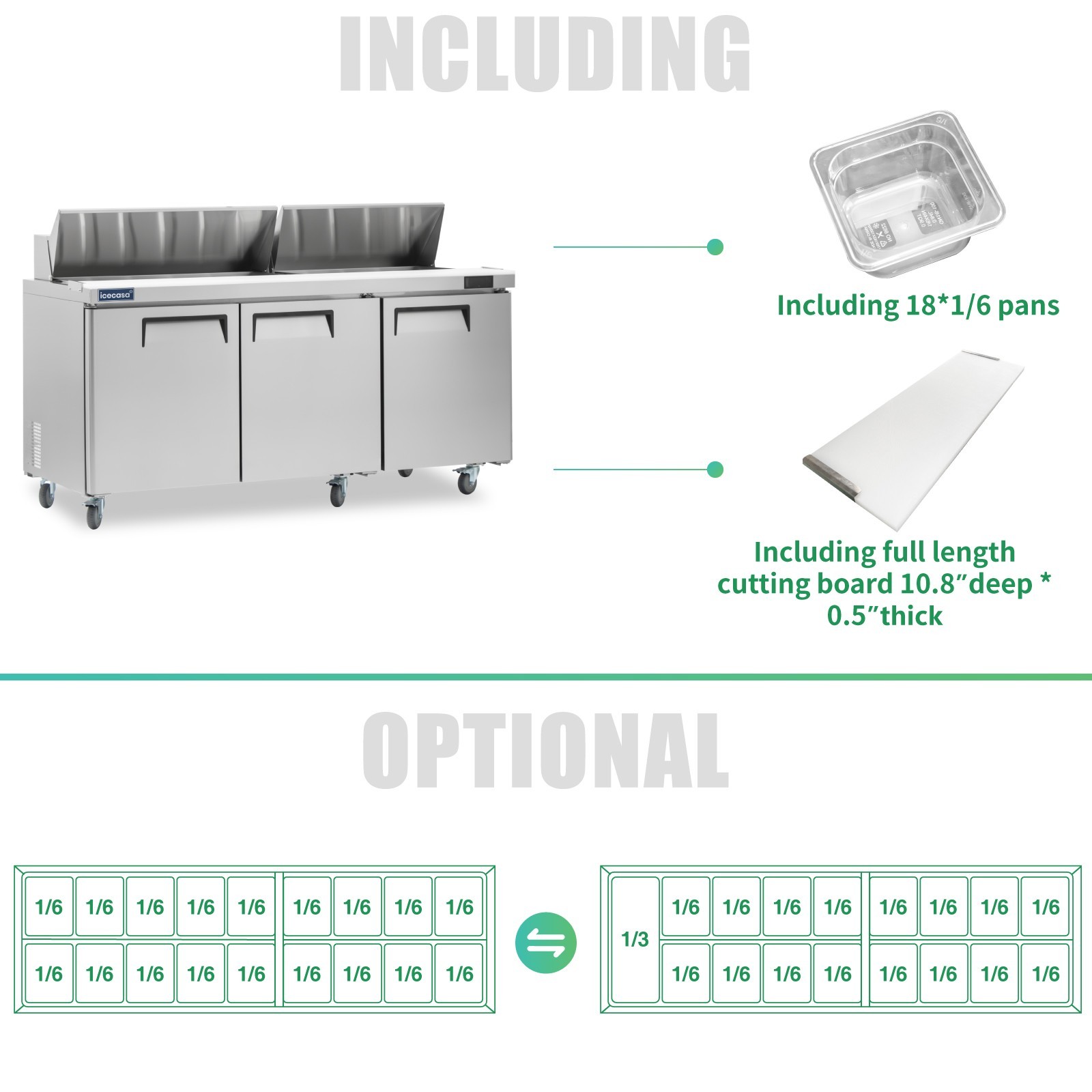 72″ Sandwich Prep Table Fridge, ICECASA 3 Door Food Bain Marie Cooler, 18 Pans