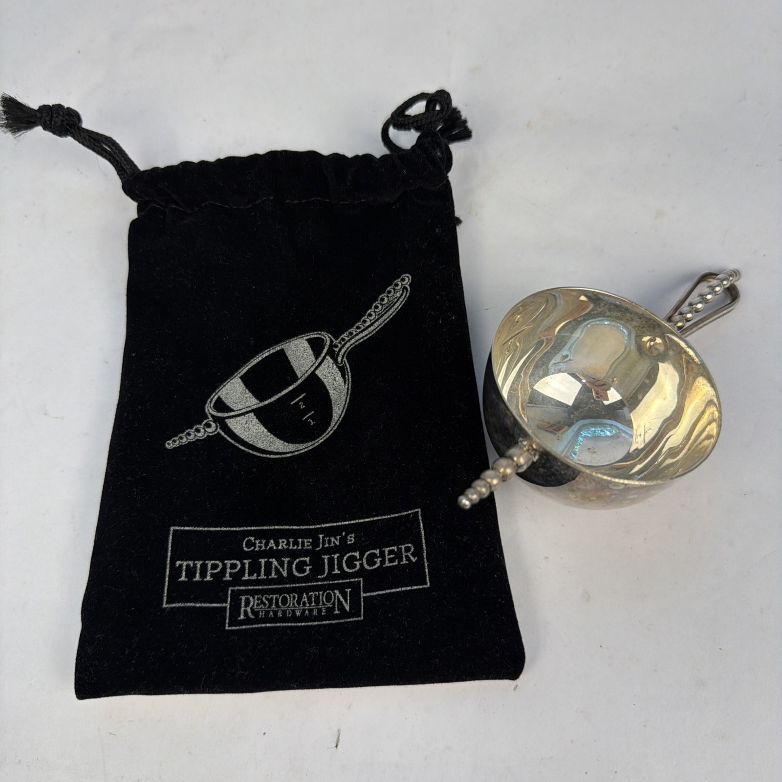 Restoration Hardware Charlie Jin Tippling Jigger Silver Barware 2oz with Pouch