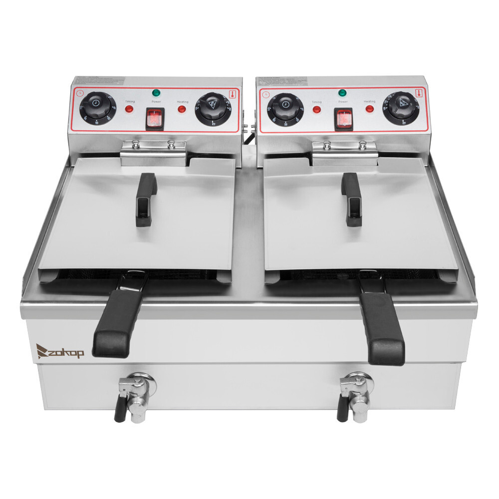 24.9QT/23.6L Stainless Steel Faucet Double Tank Deep Fryer 3400W (Large Handle)
