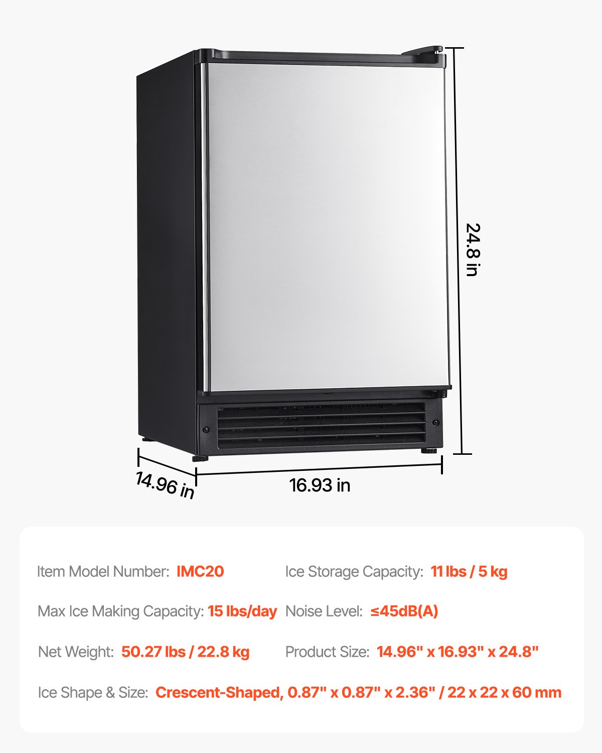 15Lb Commercial Ice Maker 15″ Under Counter Built-in crescent Ice Maker Machine