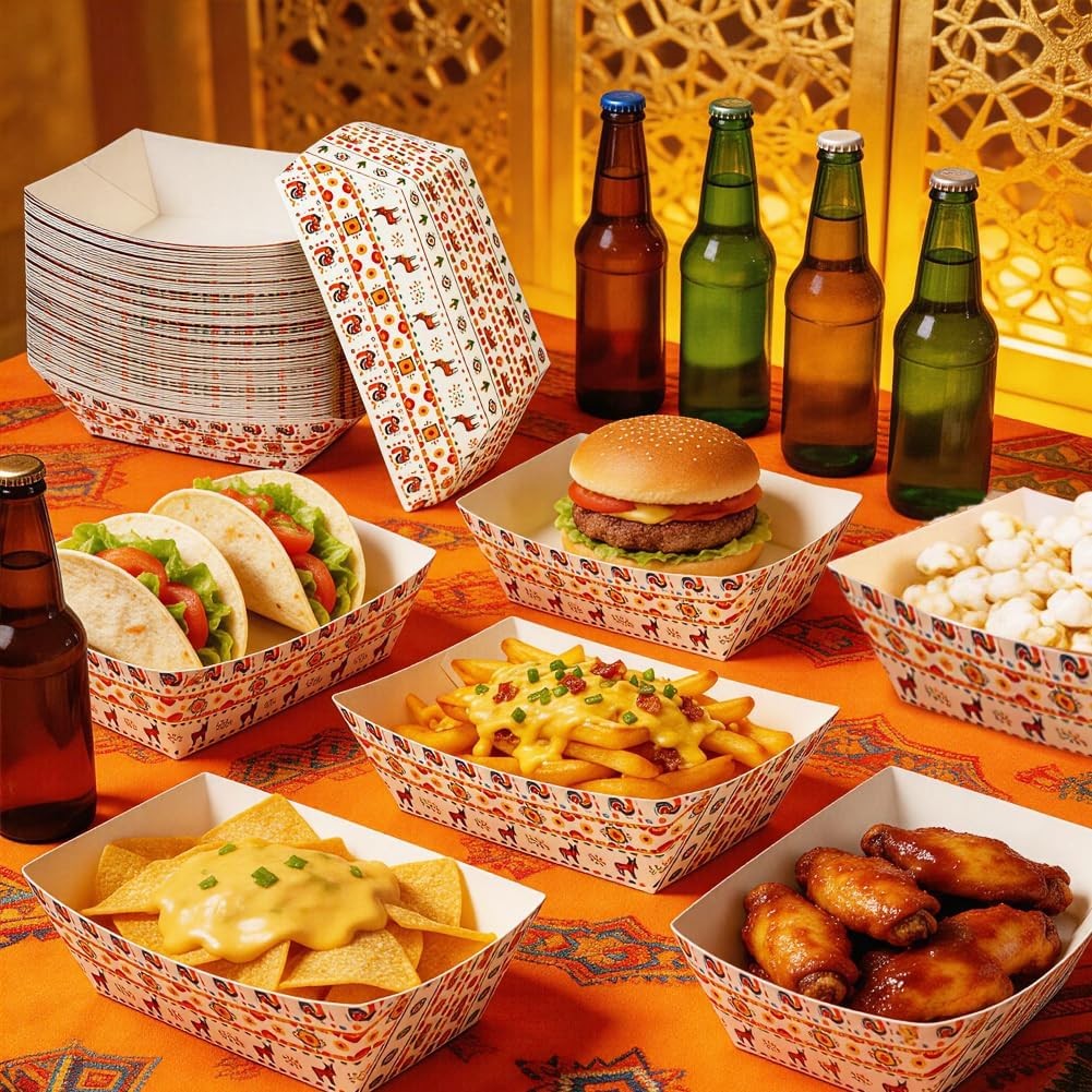 100 PCS 2LB Paper Food Boat Trays, Disposable Mexican Nacho Trays Fully