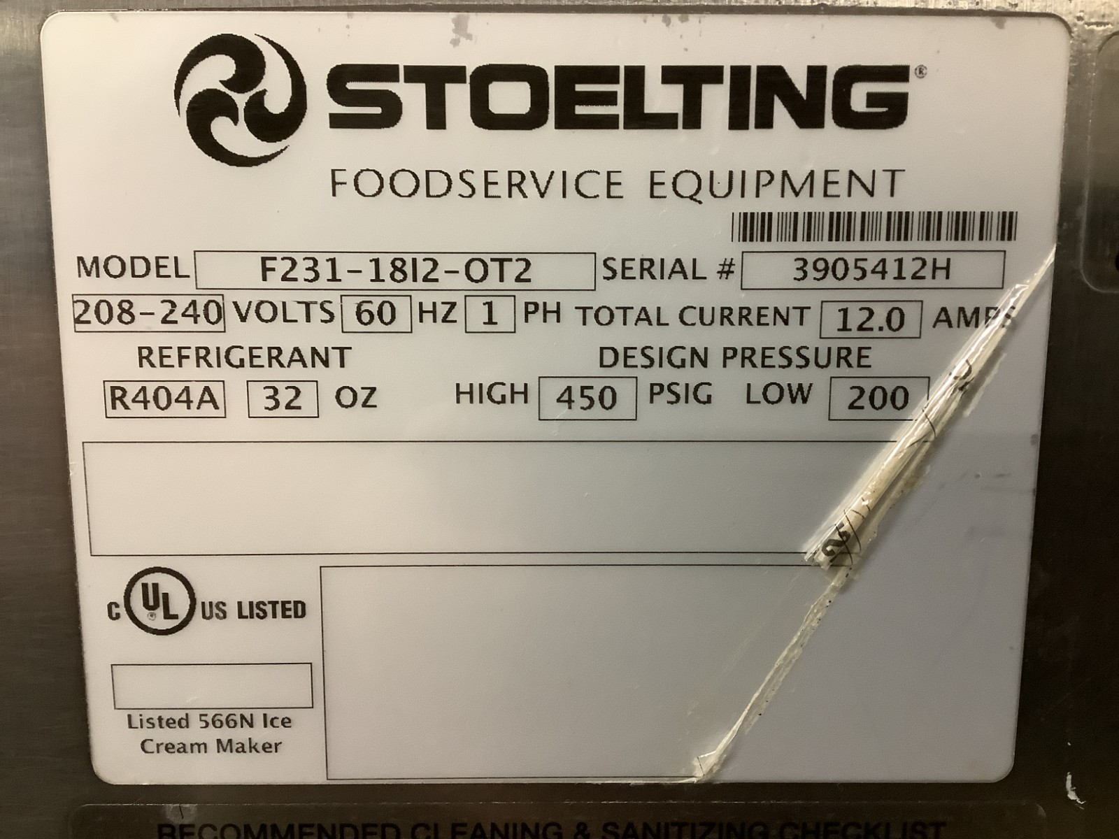 SOFT SERVE ICE CREAM/YOGURT MACHINE STOELTING F231 Water Cooled 1ph 208V Tested