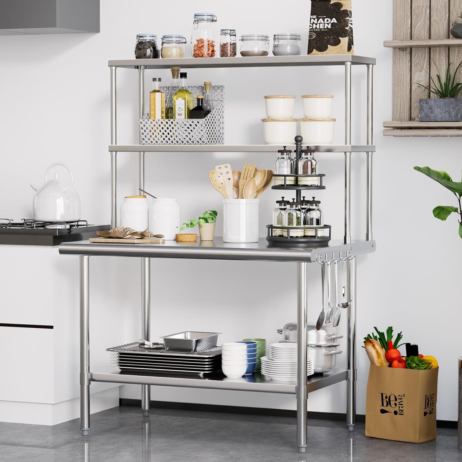 48″x30″ Commercial Stainless Steel Table w/ Overshelves & Adjustable Undershelf