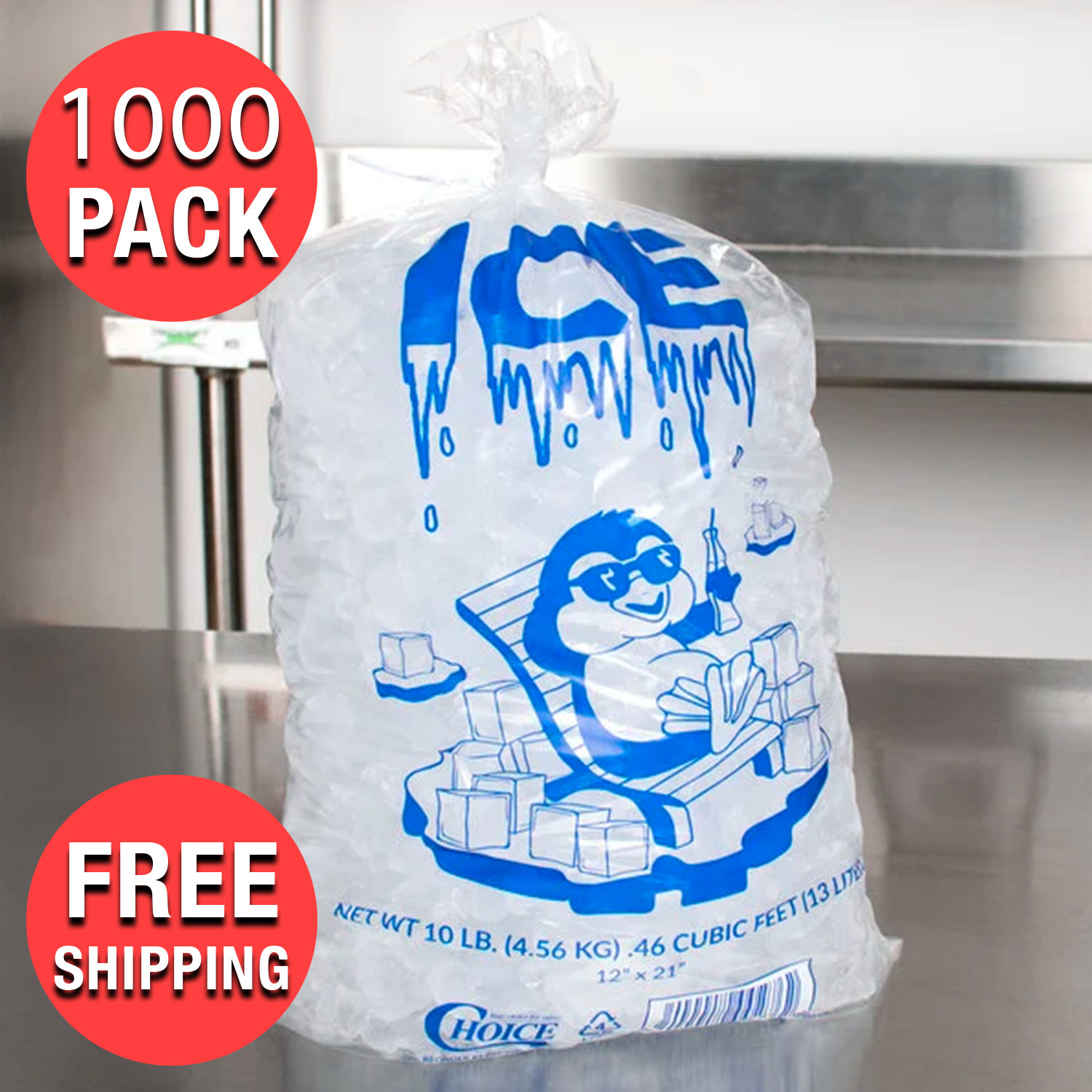 (1000-Pack) 10 lb Clear Plastic Printed Ice Bag Commercial Barcoded w Twist Ties