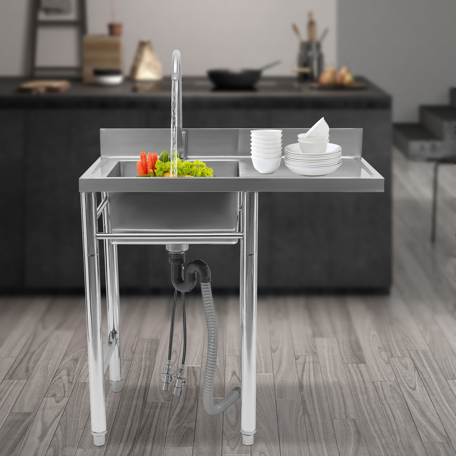 1 Compartment Commercial Kitchen Sink Prep Table with Faucet 304 Stainless Steel