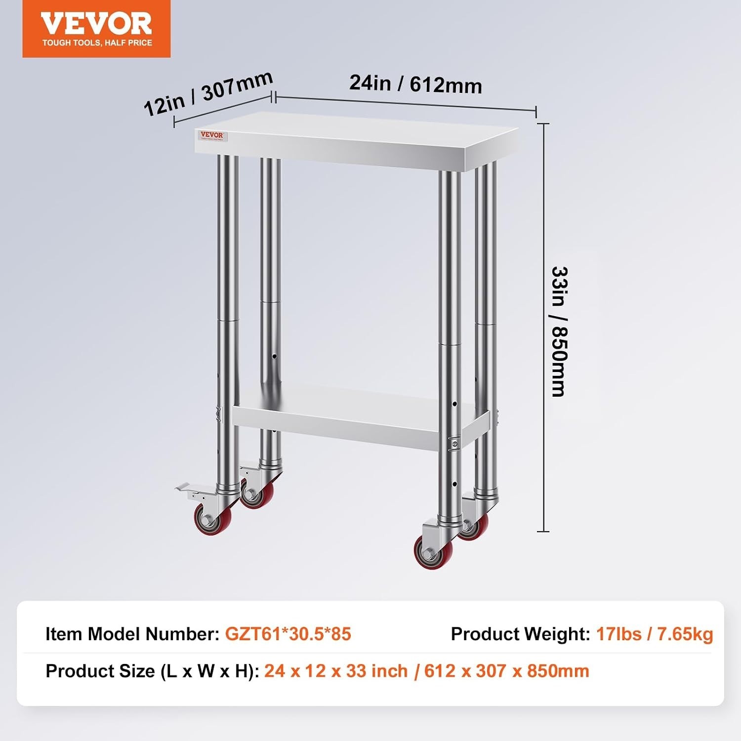 Stainless Steel Work Table with Wheels 24 x 12 x 32 Inch Prep Table with 4 Ca…