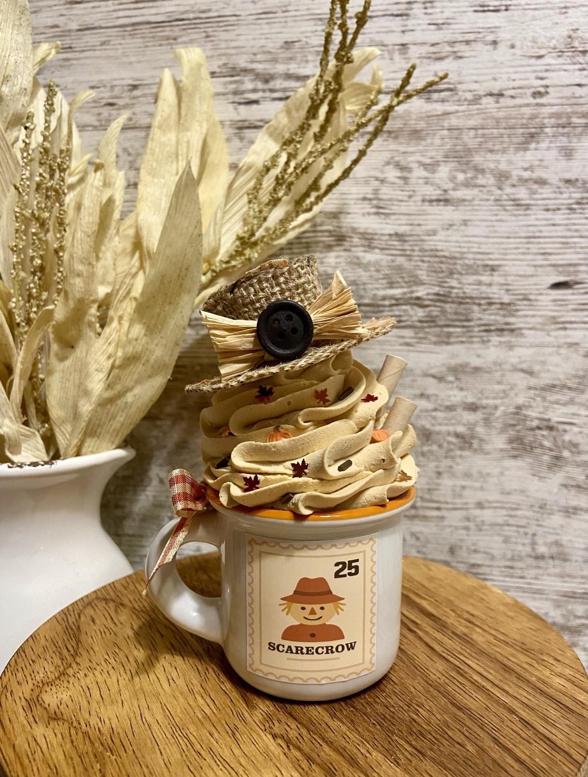 Cute FALL Mini Ceramic Mug Faux Fake Whipped Cream Tiered Tray Decor SCARECROW