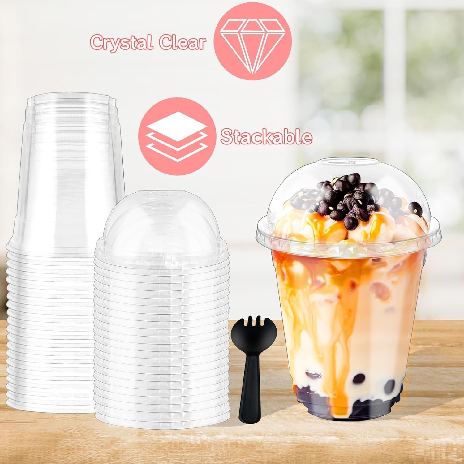 50/100 vasos de plástico para postre 9 OR 12oz con tapas de cúpula y cucharas,ta