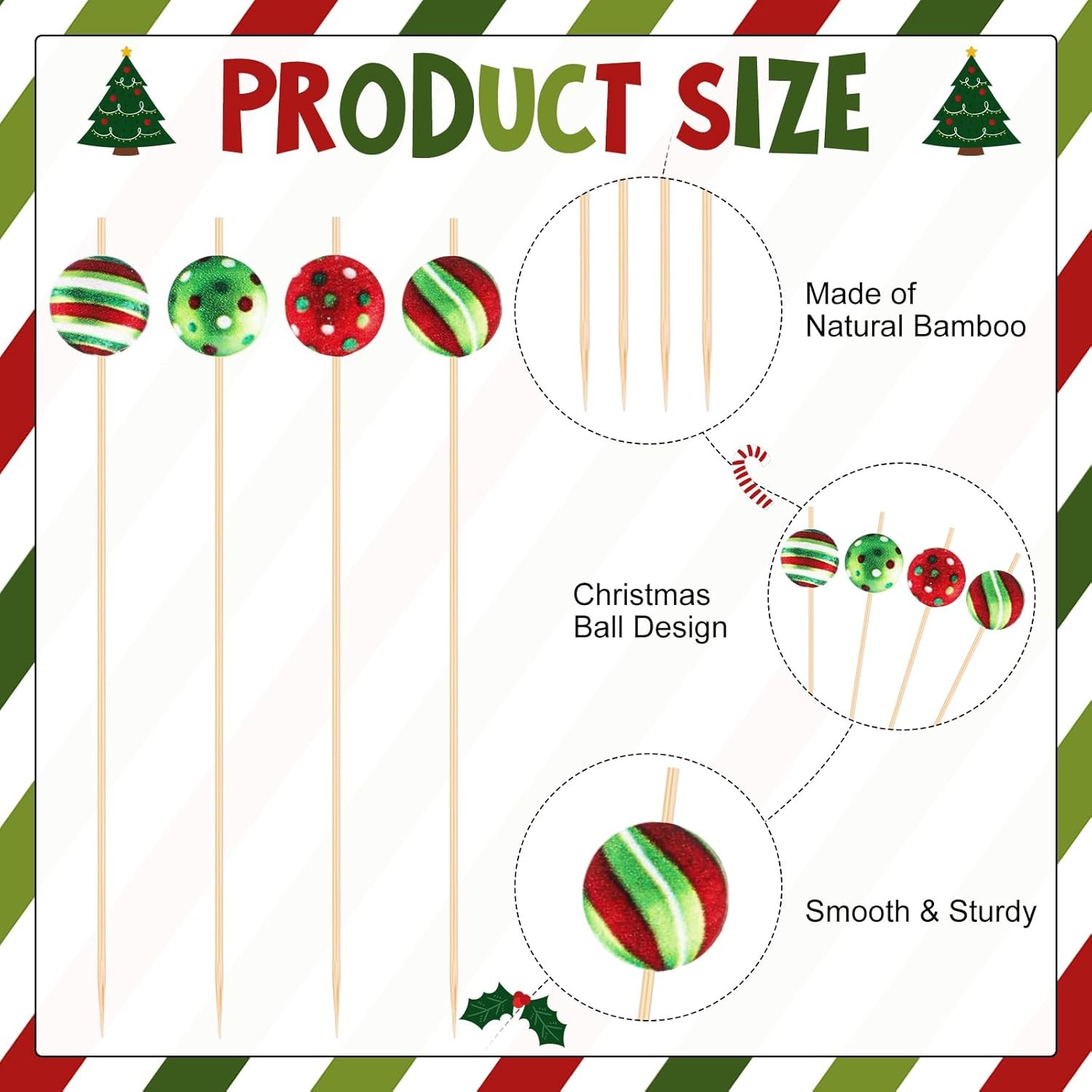 160 Pcs Christmas Cocktail Picks Xmas Ball Red Green Wooden Toothpicks for