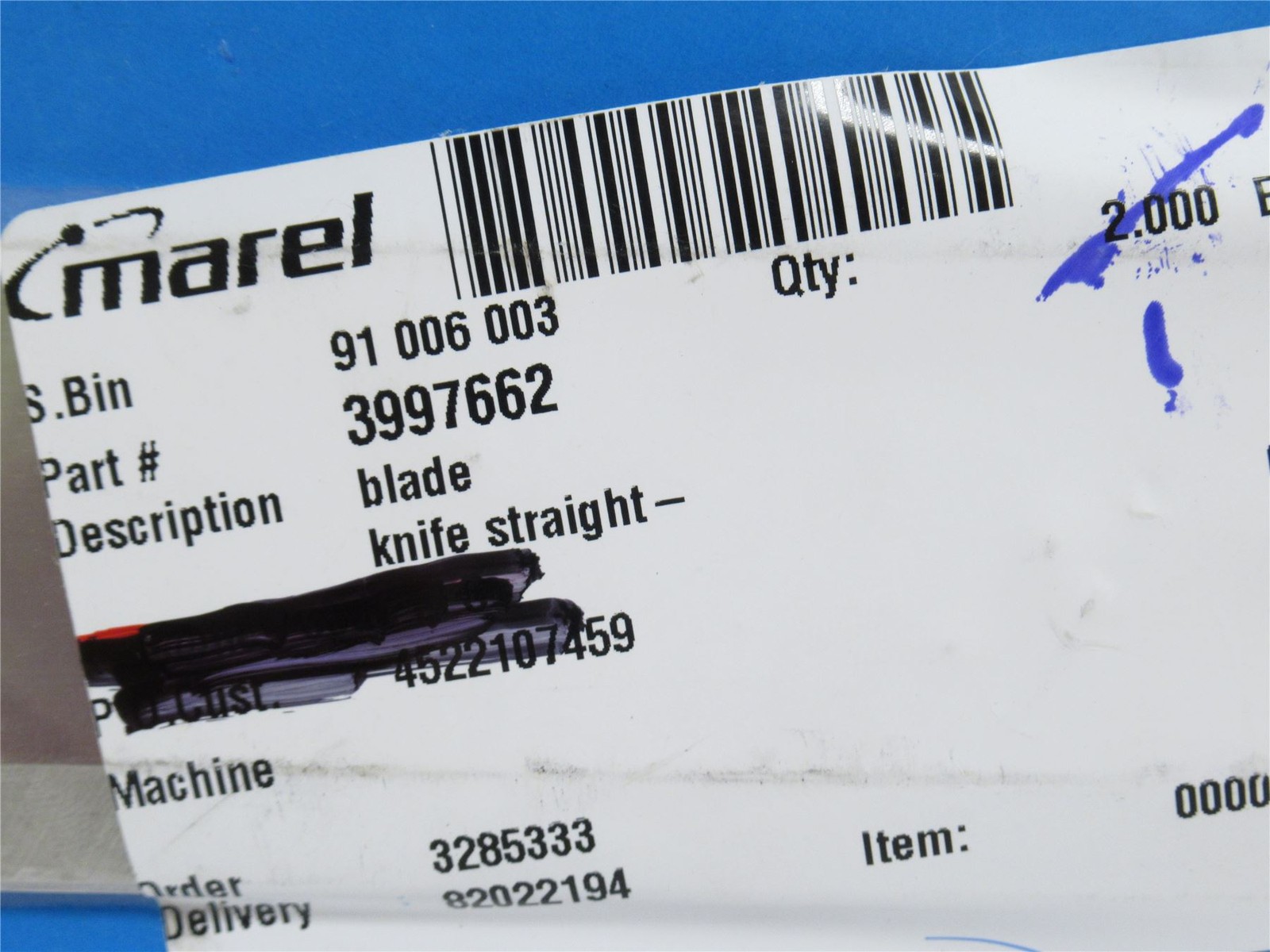 236053 New-No Box; Marel 3997662 Flat Balde KnifeSZ; 14 Auto Deboner