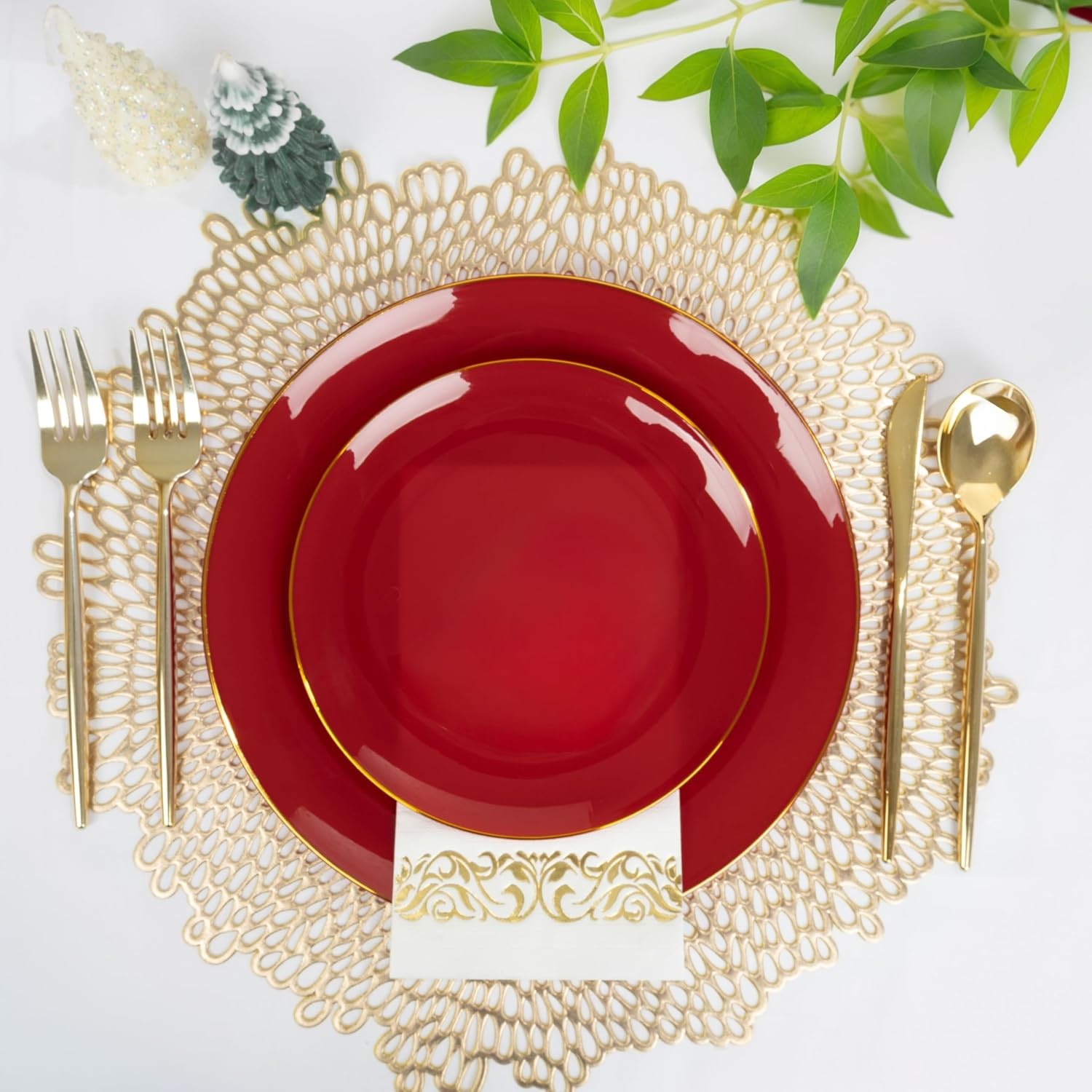 MirthMood 210pcs Red Plastic Plates,Disposable Red Gold Party Plates,Include 30