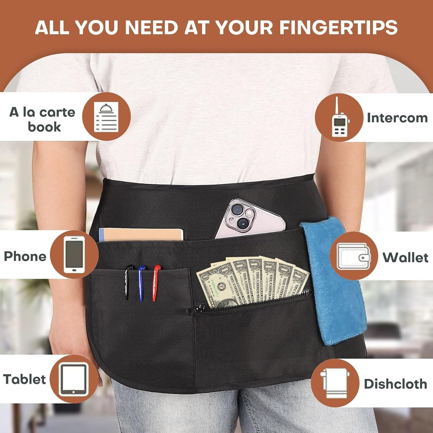 Versatile Waterproof Serving Apron for Waitstaff – 6 Pockets