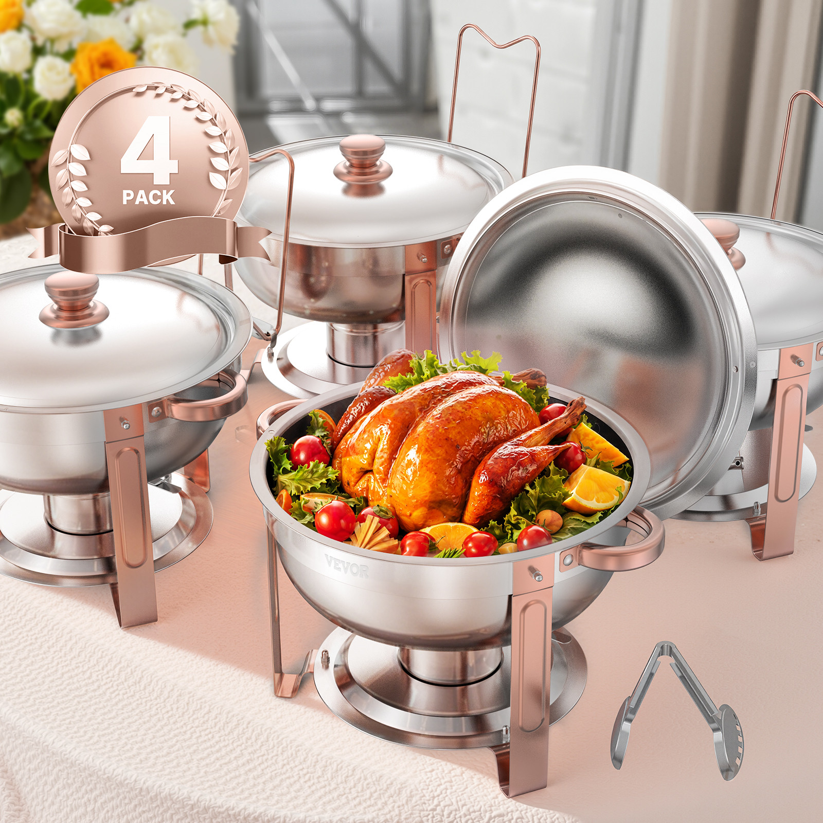 VEVOR 5 Qt 4 Pack Round Chafing Dish Buffet Set Fullsize Pan Stainless Steel