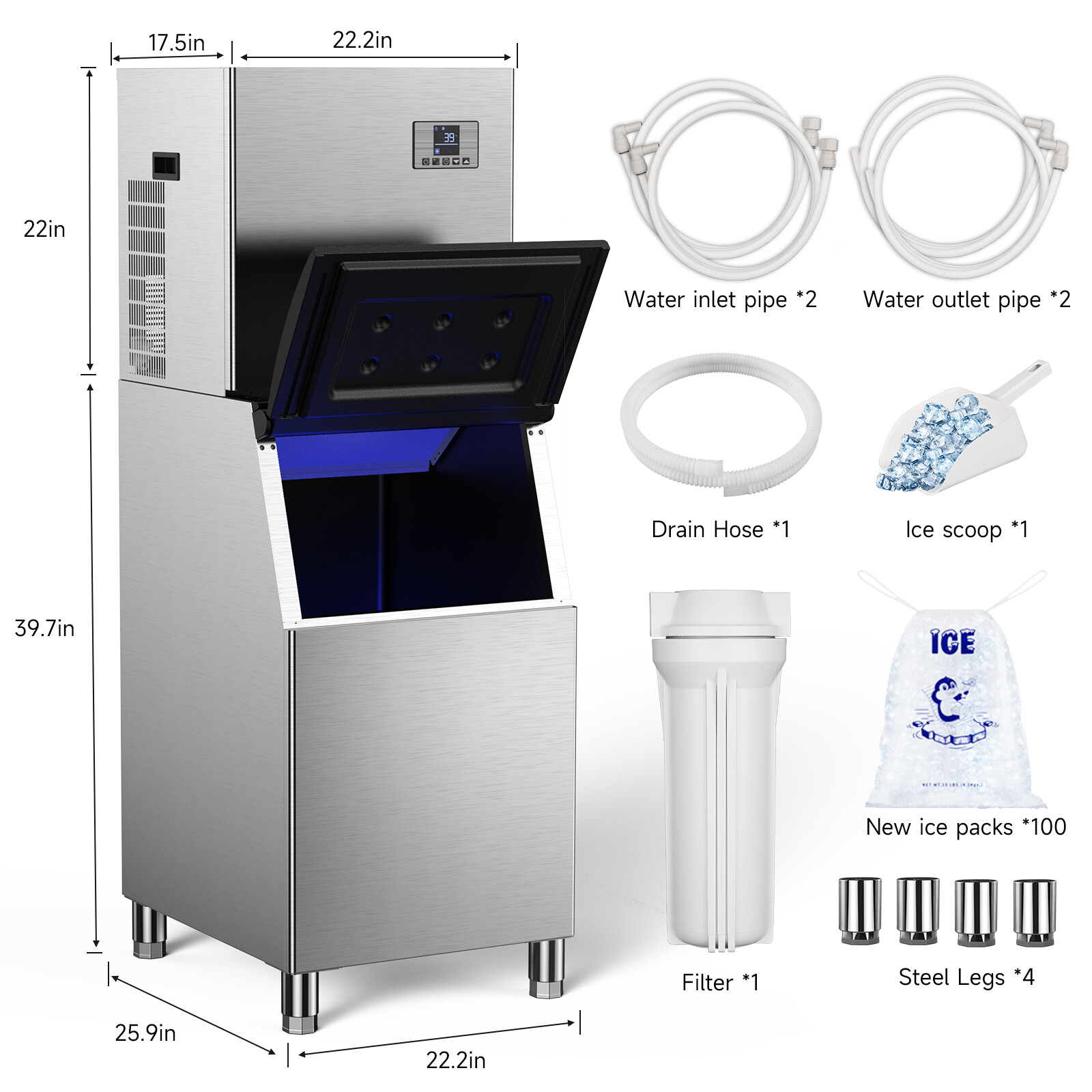 400LB/24H Commercial Ice Maker Machine with 266LBS Storage Bin Auto Cleaning