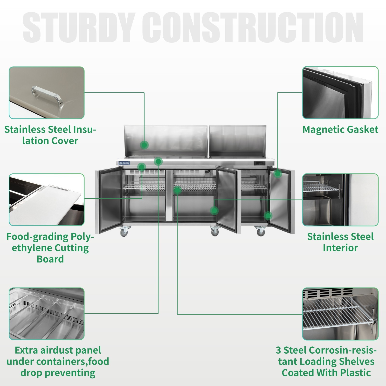 72″ Mega Top Sandwich Prep Table, ICECASA 3 Door Food Bain Marie Cooler, 30 Pans