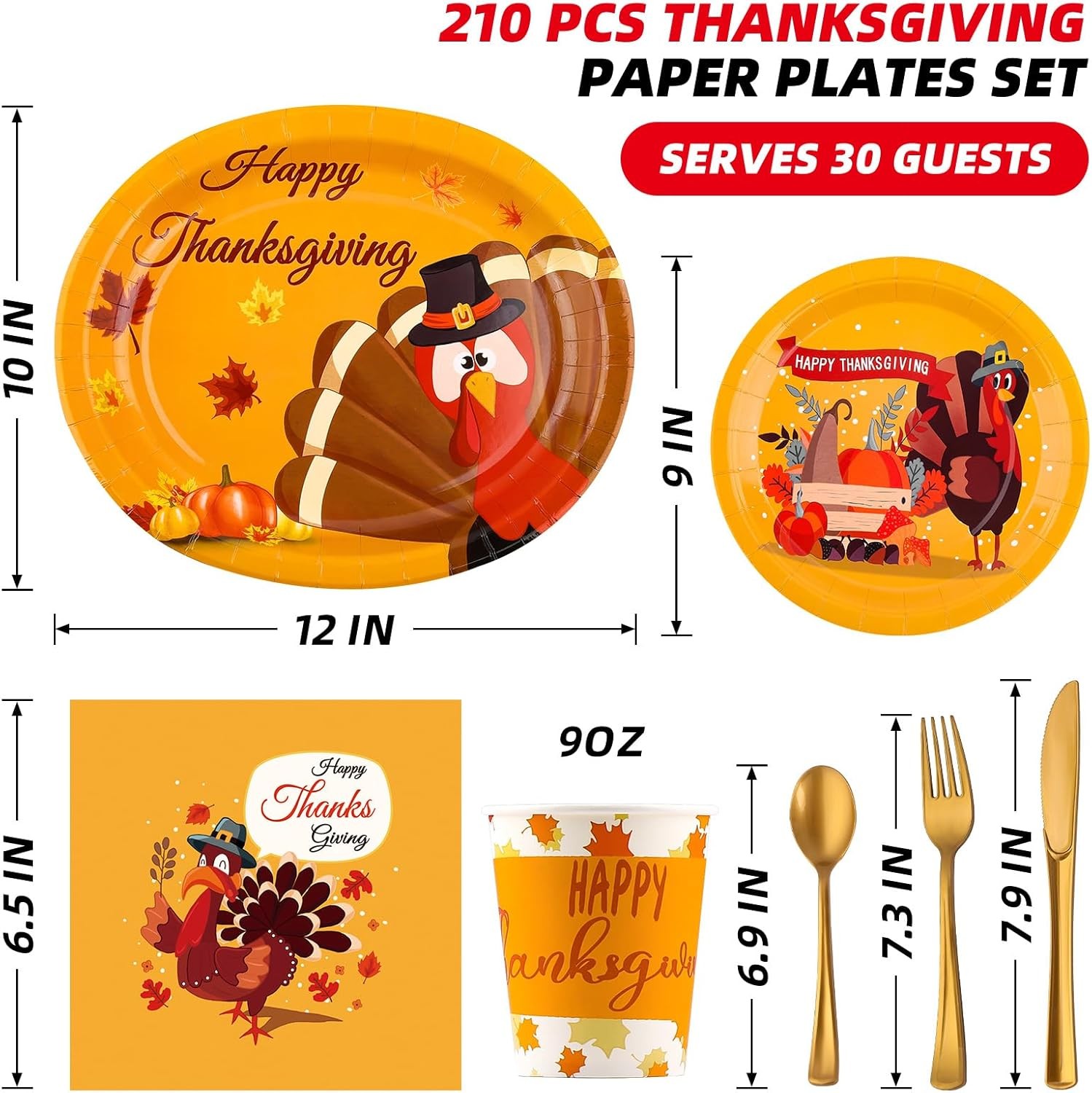 210Pcs Thanksgiving Paper Plates Set -(30 Guests) with 10 * 12inch Oval and