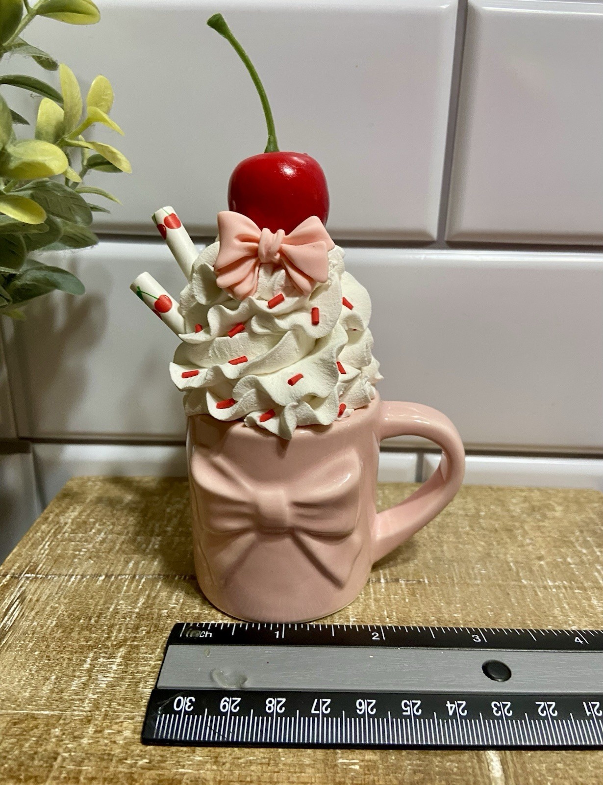 Cute PINK Mini Ceramic Mug Faux Fake Whipped Cream Tiered Tray Decor HANDMADE