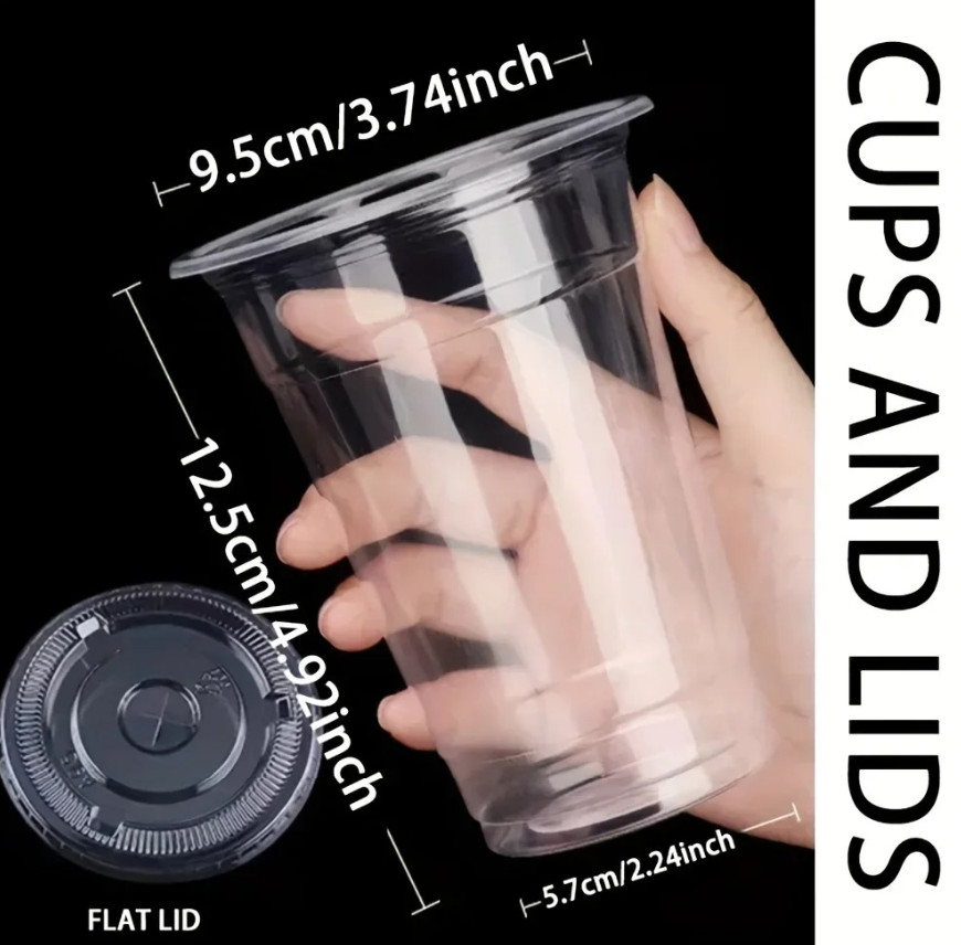 50pcs Disposable Plastic Cups with Lids 12oz/16oz for Cold Drinks – NEW