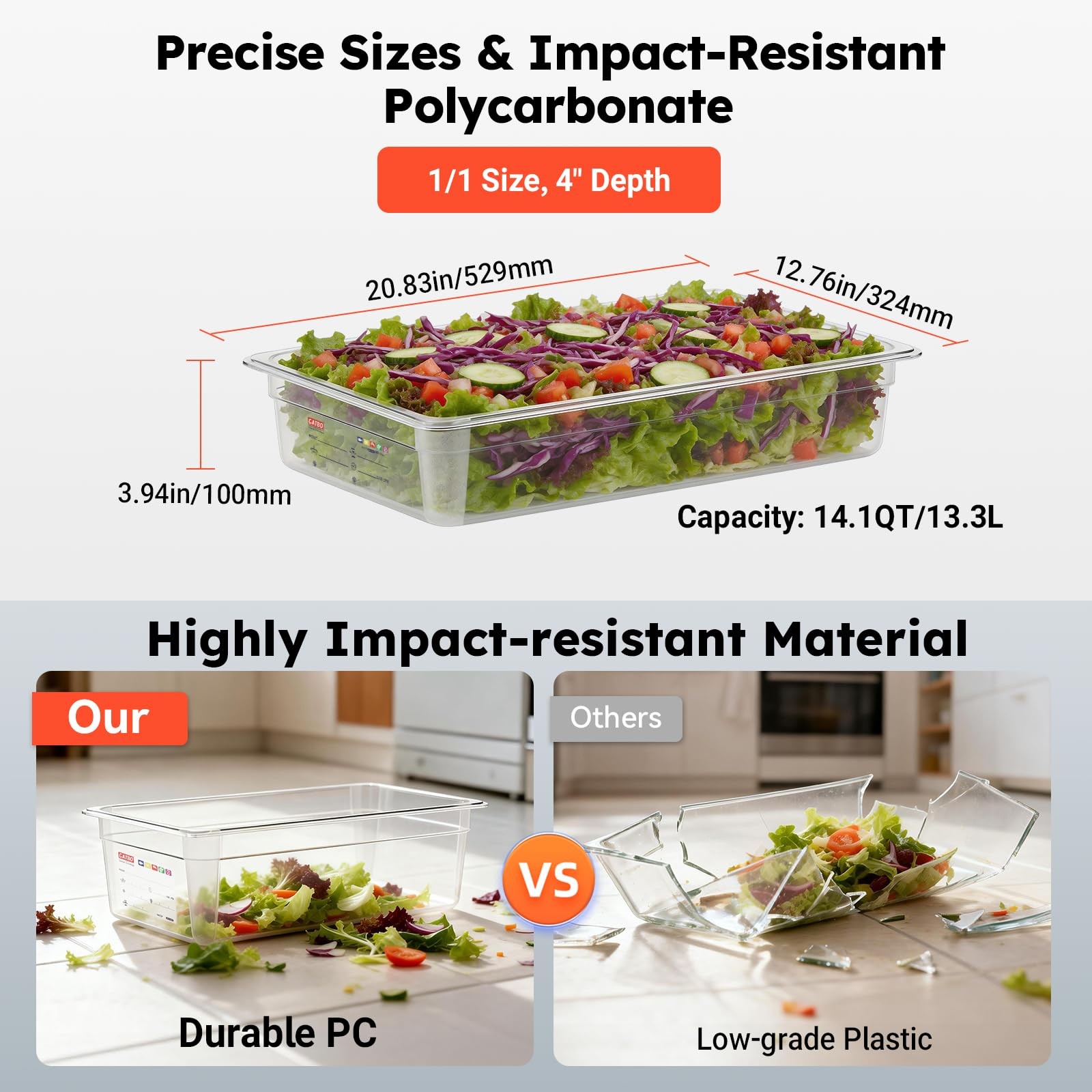 Gatbo 6-Pack Full Size 4 Deep Polycarbonate Food Pans Nsf Commercial Clear Food