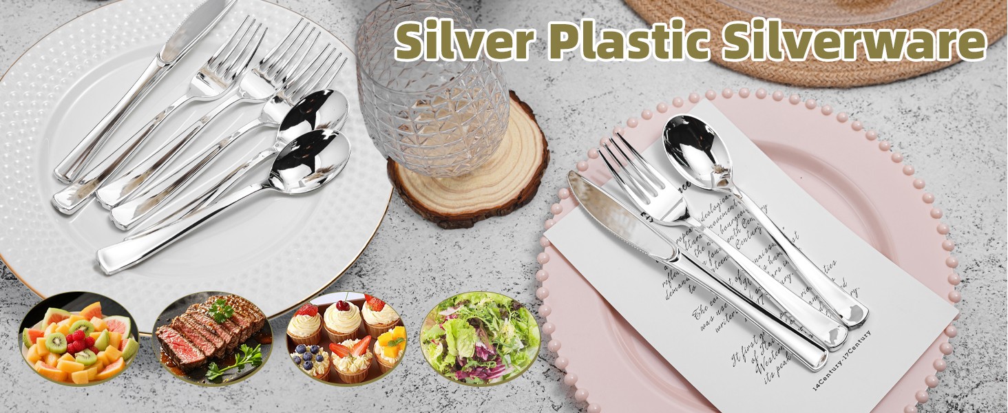240PCS Sliver Plastic Silverware, Sliver Plastic Cutlery Set Disposable Flatware