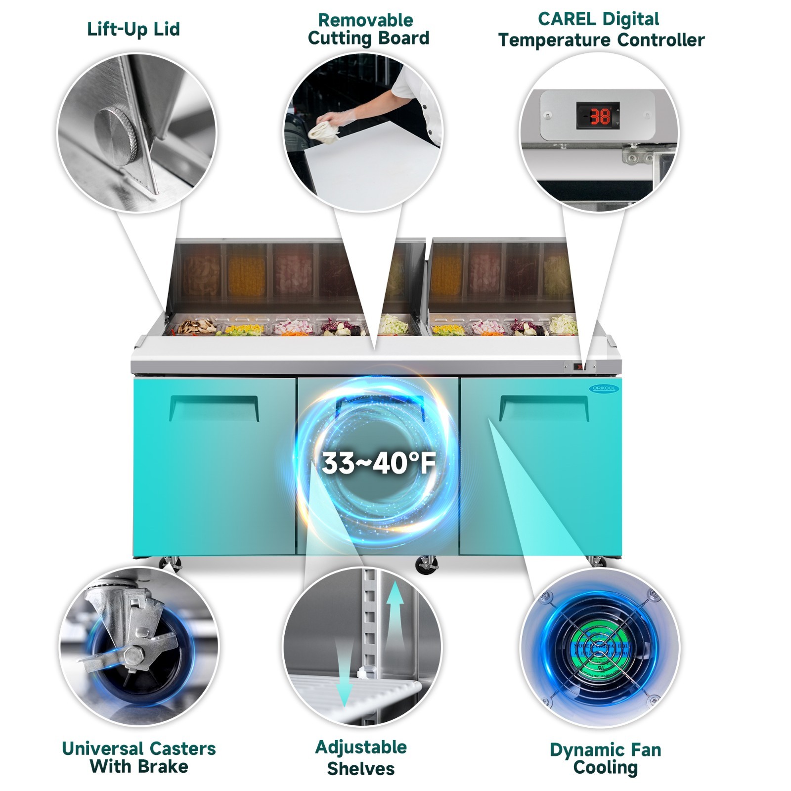 72″ Commercial Sandwich Prep Table Refrigerator Digital Control Included