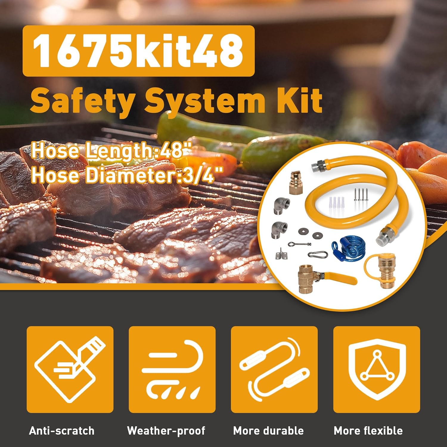 1675Kit48 Safety System Kit, 48″ Gas Hose Connector Kit with Full Port 3/4″ Quic