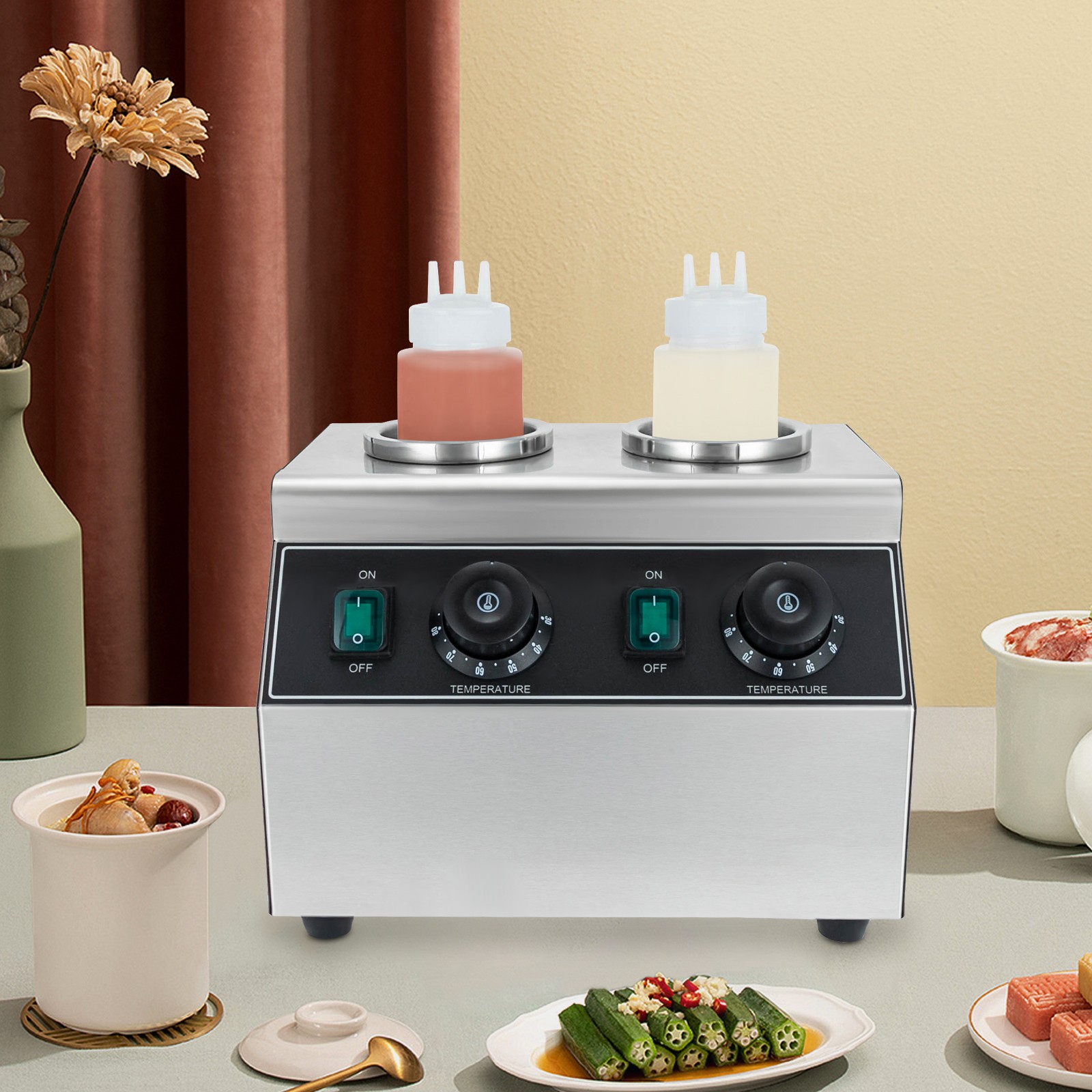 400W 86-176°F Sauce Bottle Warmer 2-Head Electric Sauce Warmer Chocolate Warmer
