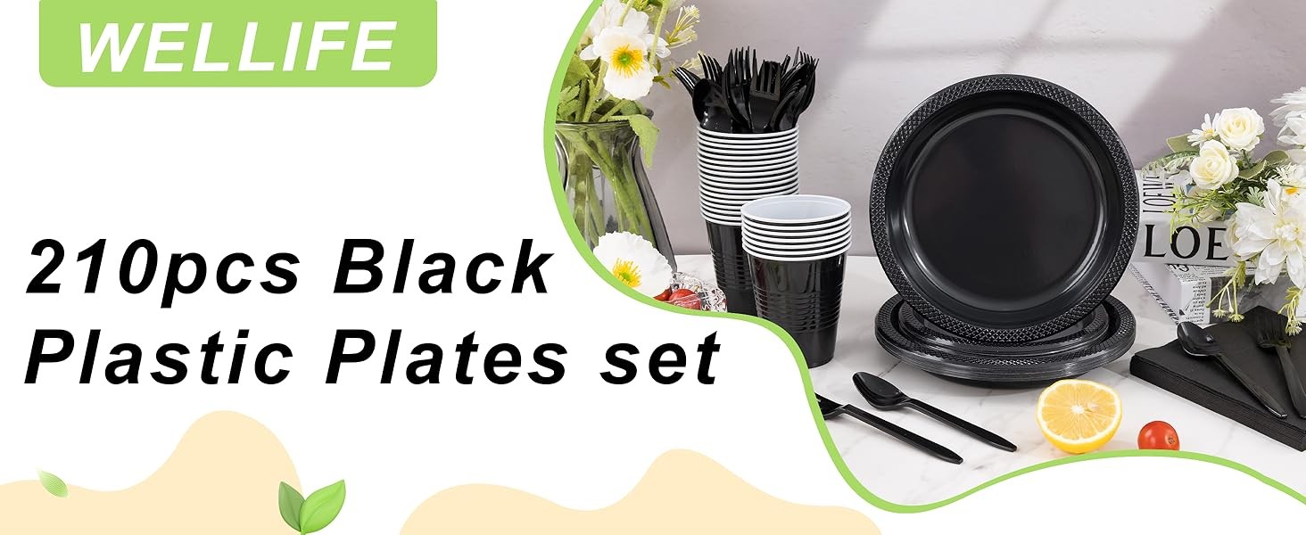 210 PCS Black Plastic Plates for 30 Guests – Disposable Dinnerware Set Including