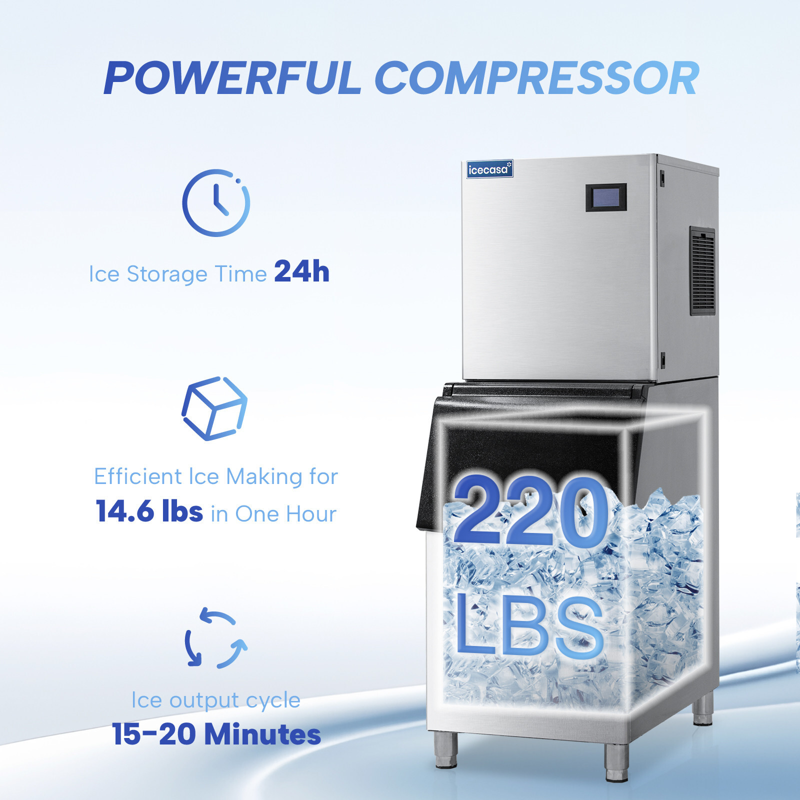 ICECASA Commercial Ice Maker Machine, 350 lbs Ice Makers with 220lbs Storage
