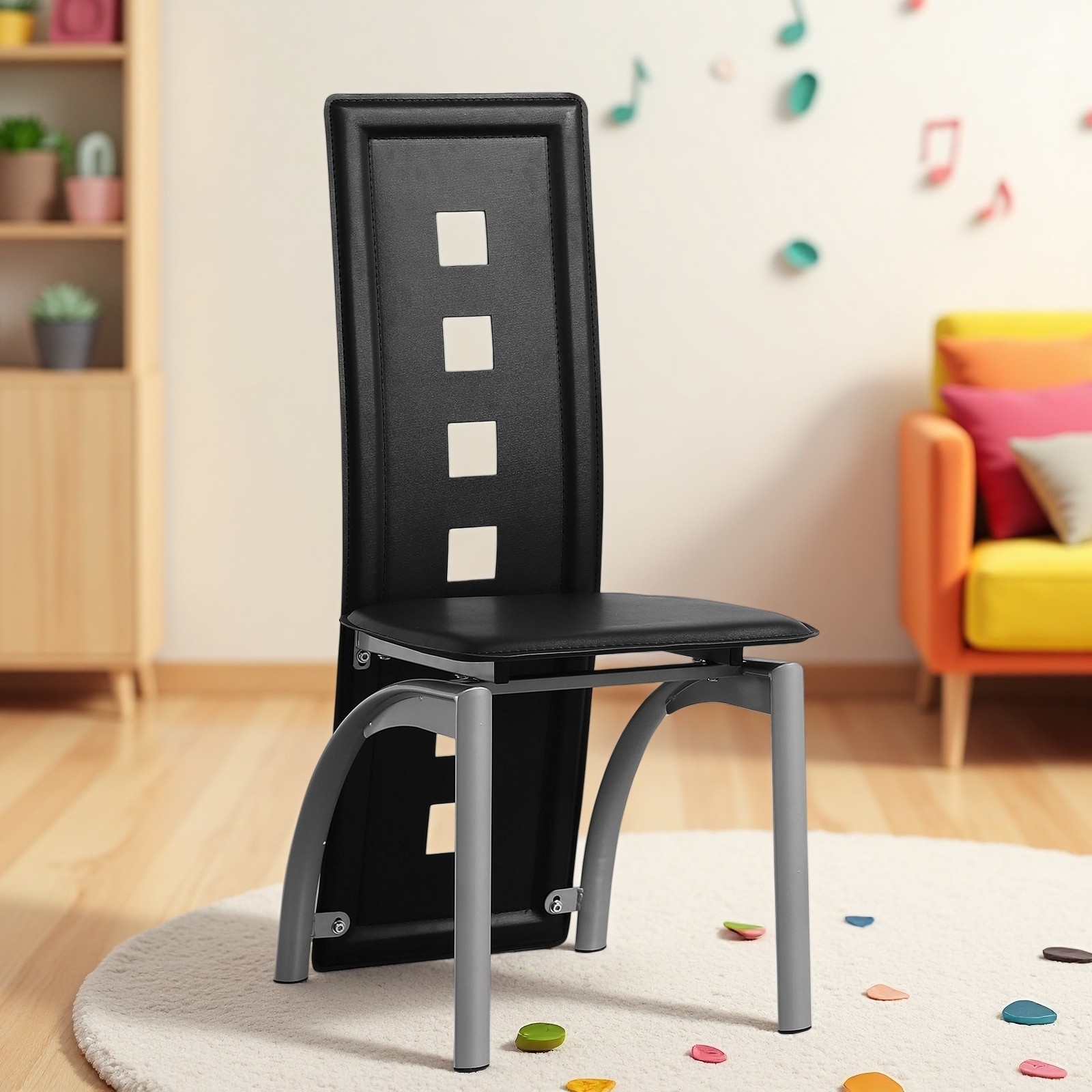 4pcs Dining Chairs – PU Leather, High Back Square Cutout Design & Chrome Legs